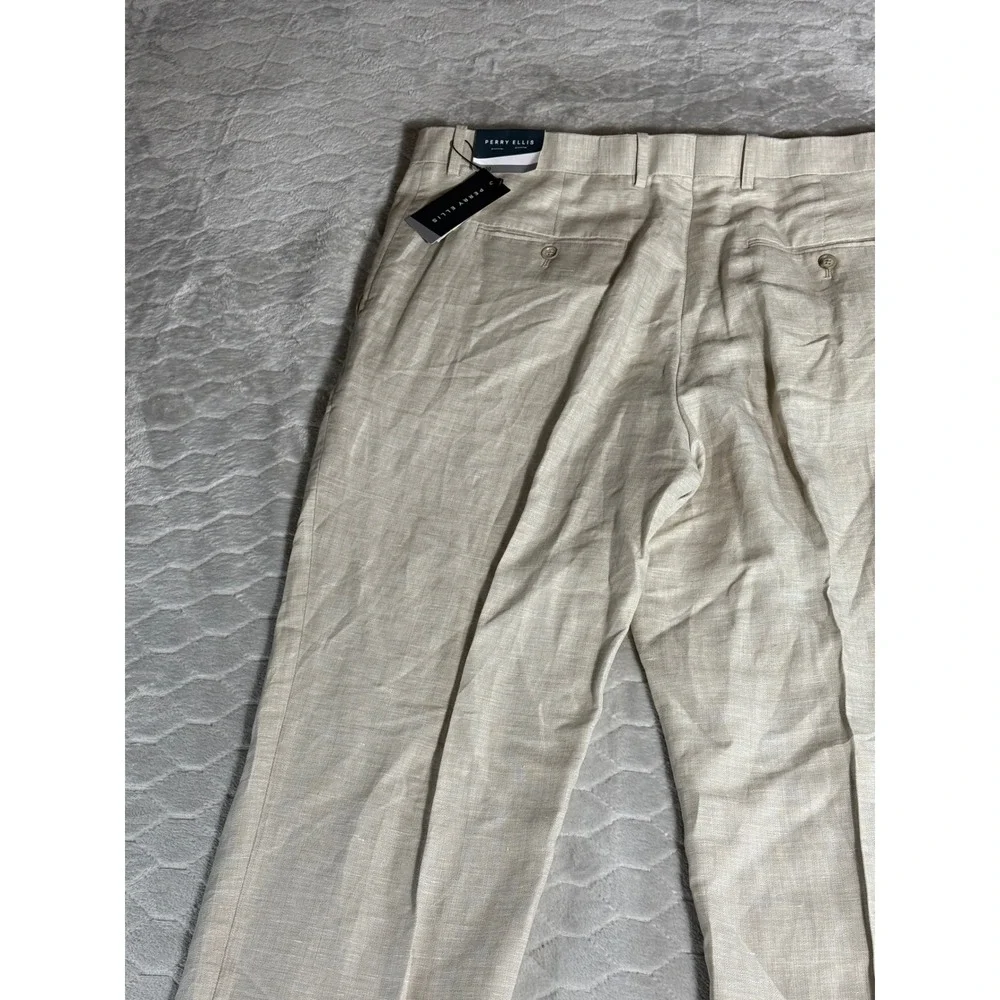 Perry Ellis Mens Linen Blend Dress Pants 36x30 Oatmeal Beige Lightweight NWT